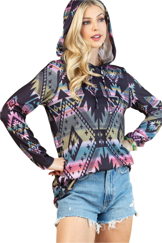 AMELIA HOODIE TOP - BLACK/MULTI