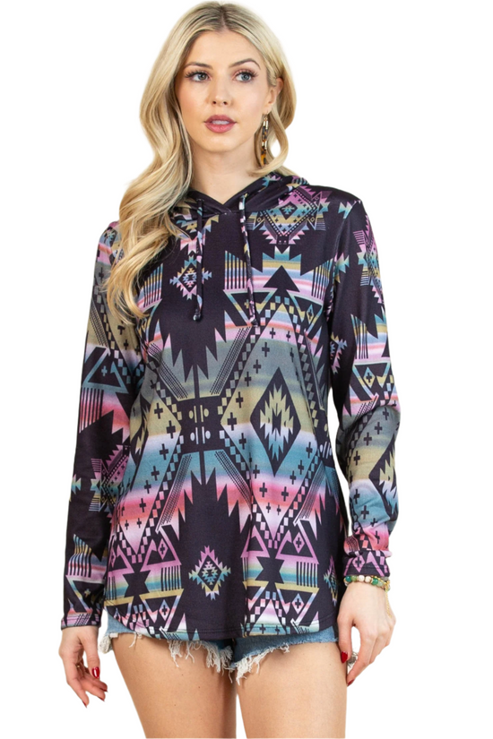 AMELIA HOODIE TOP - BLACK/MULTI