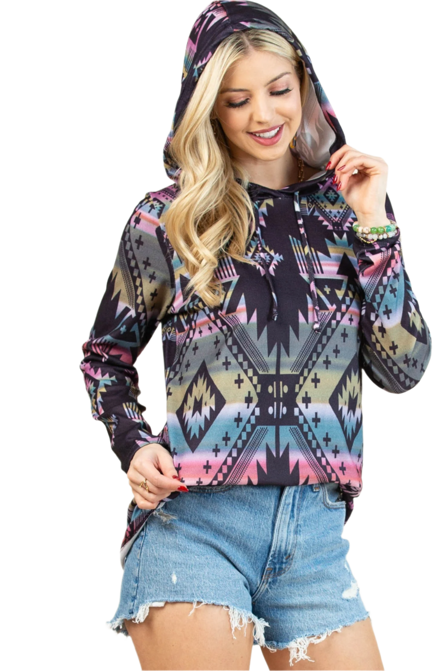 AMELIA HOODIE TOP - BLACK/MULTI