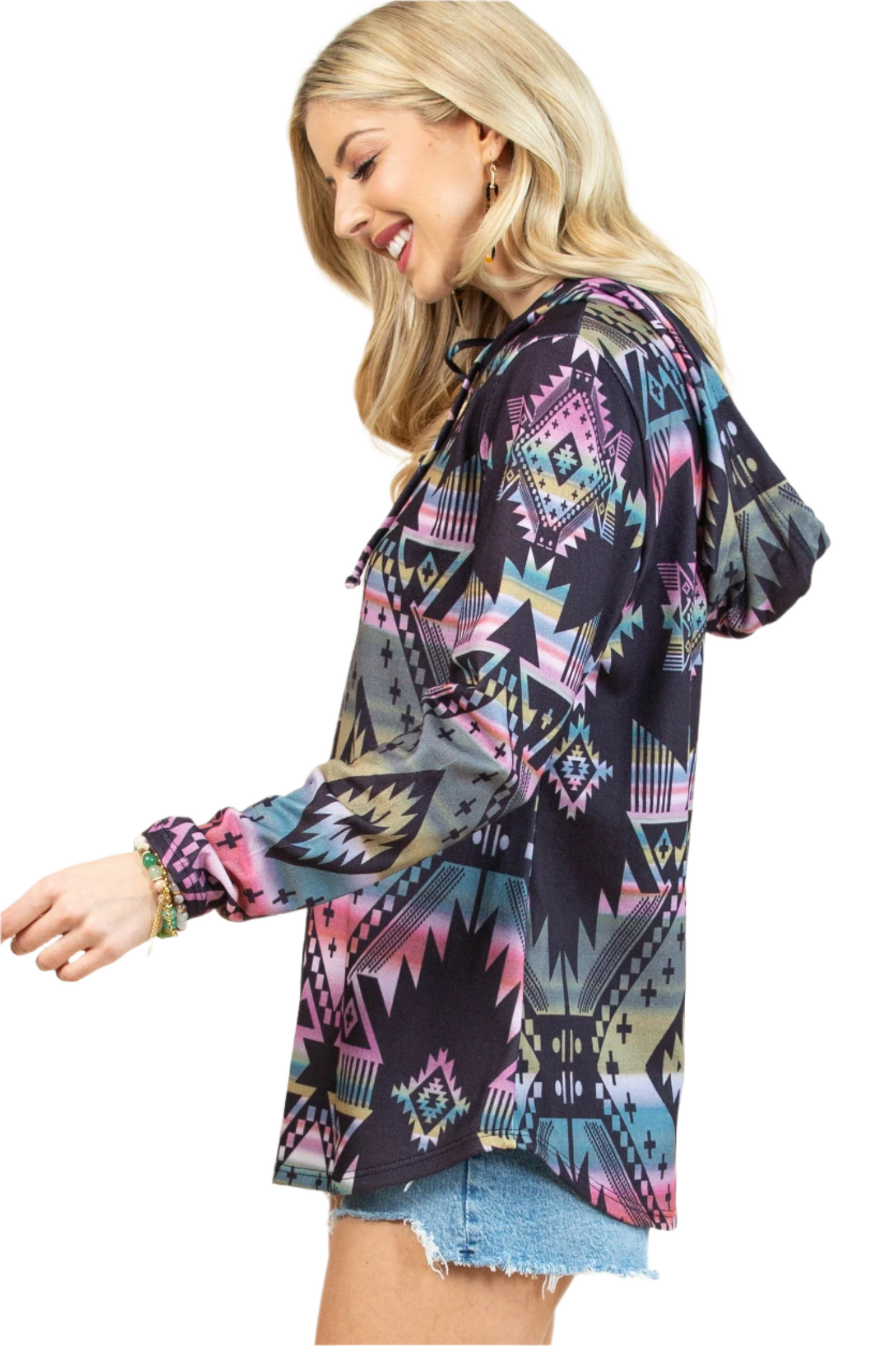 AMELIA HOODIE TOP - BLACK/MULTI